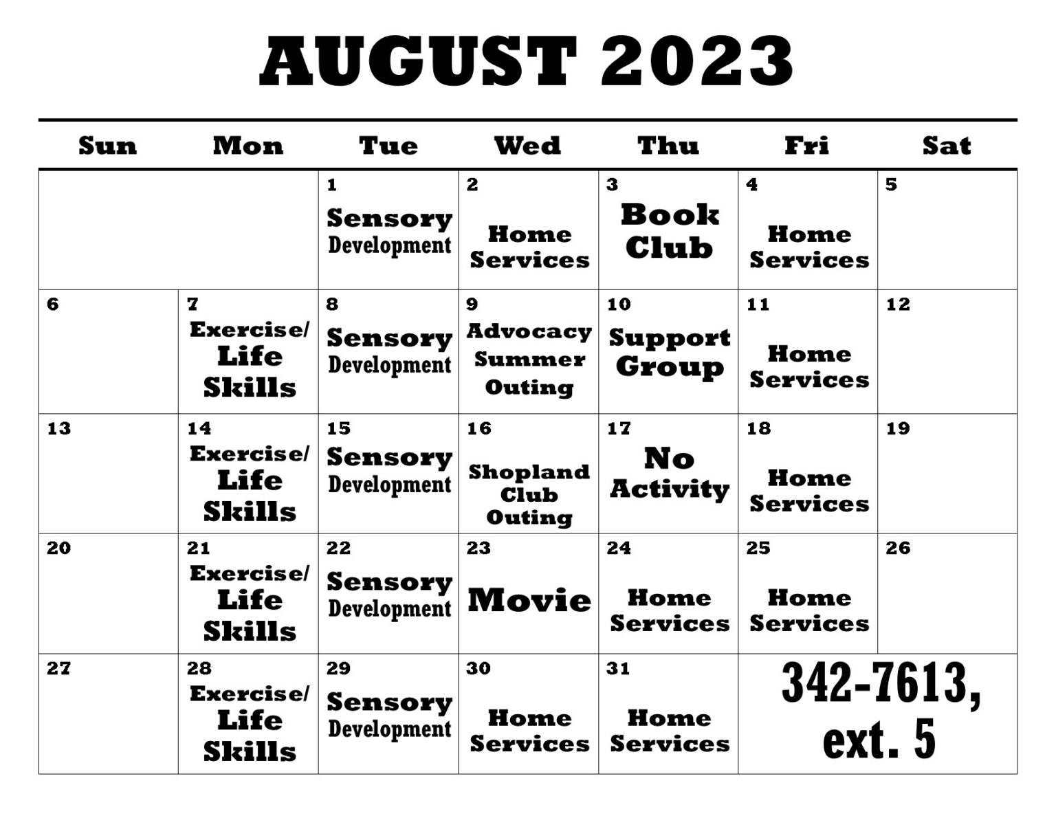 Client Activity Calendar Lackawanna Blind Association, Scranton, PA 18503